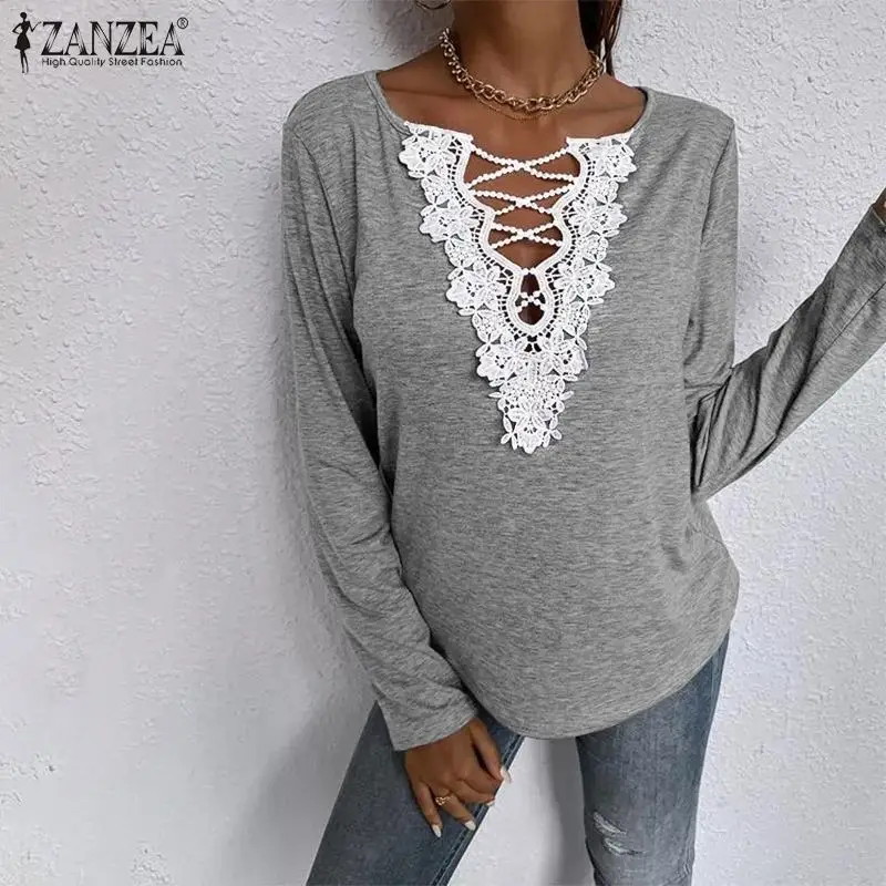 

Повседневная Элегантная туника с длинным рукавом топы ZANZEA кружевная Лоскутная Блузка женские винтажные крючком ажурные рубашки топы 2021 св...
