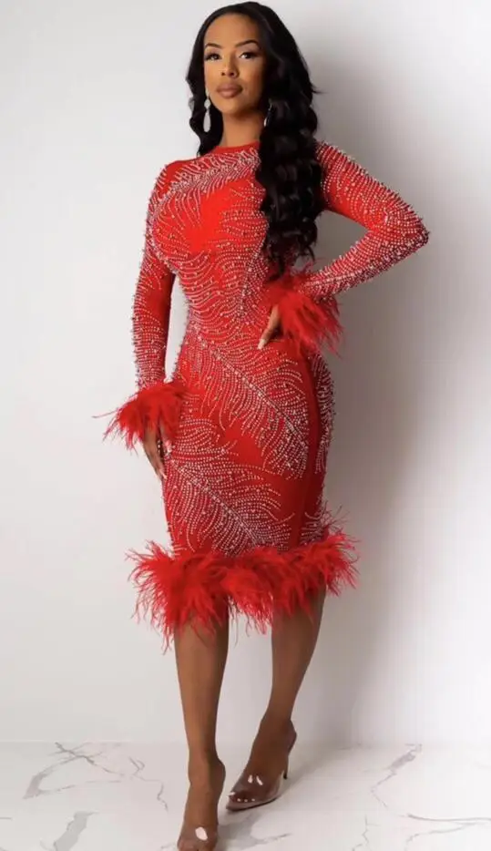 

Женское платье с круглым вырезом, Красное Облегающее Платье вечерние длинным рукавом, украшенное стразами, в полоску и перьями, элегантное ...