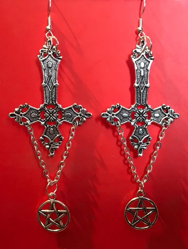 

Large inverted cross pentagram earrings satanic jewellery, black magic, punk , gothic antique silver colour