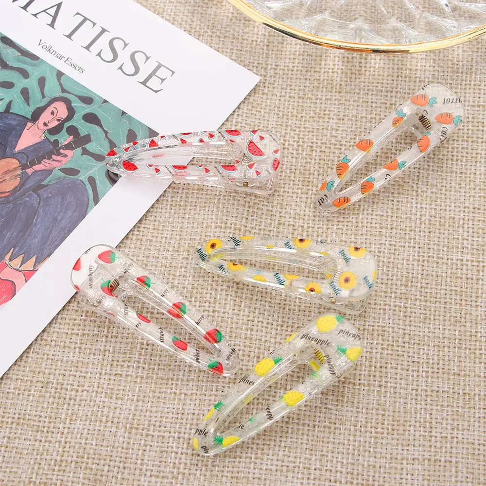 Horquillas transparentes con estampado de dibujos animados para ni&ntilde;a y ni&ntilde;o, horquillas de pico de pato con estampado de frutas, pasador de labios, 1 unidad-4