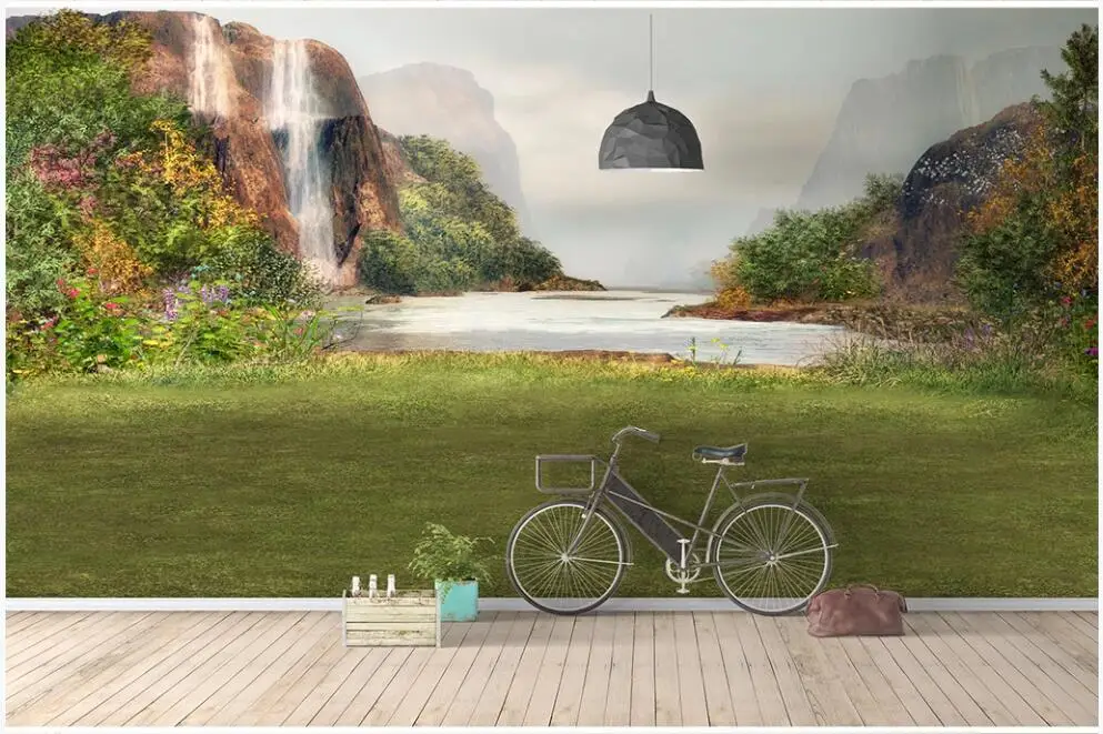 Free shipping wall paper 3 d custom mural Fresh grass pastoral waterfall nature home decor photo wallpaper in the living room |