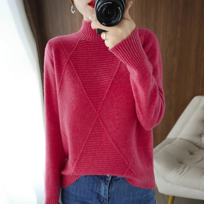 Ladies' New Autumn And Winter Pure Wool Warmth Half Turtleneck Sweater, Loose And Casual All-Match Solid Color Exquisite Top