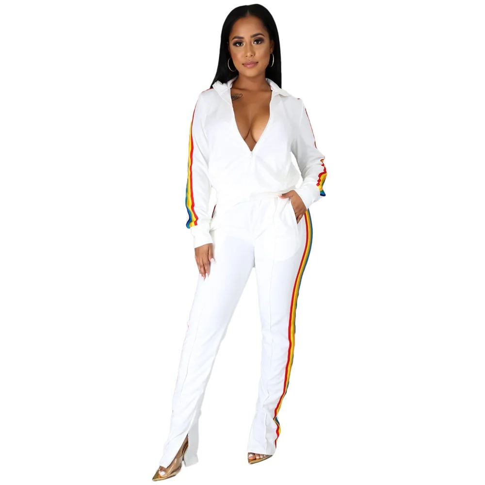 

Autumn Women Matching Sets Fashion Color Striped Patchwork Long Sleeve Tops+pencil Pants Two Piece Set Women Clothes Conjuntos