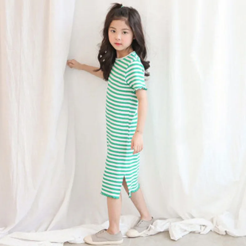 New 2020 Summer Big Girls T Shirts Dresses Korean Stretch Baby Stripe Dress Kids Mid Long Teen Green Pink T-shirts | Детская одежда и