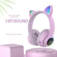 cute cat ear headphones bluetooth headset v5 0 microphone wireless earbuds foldable tf card game stereo girl kids wired earphone