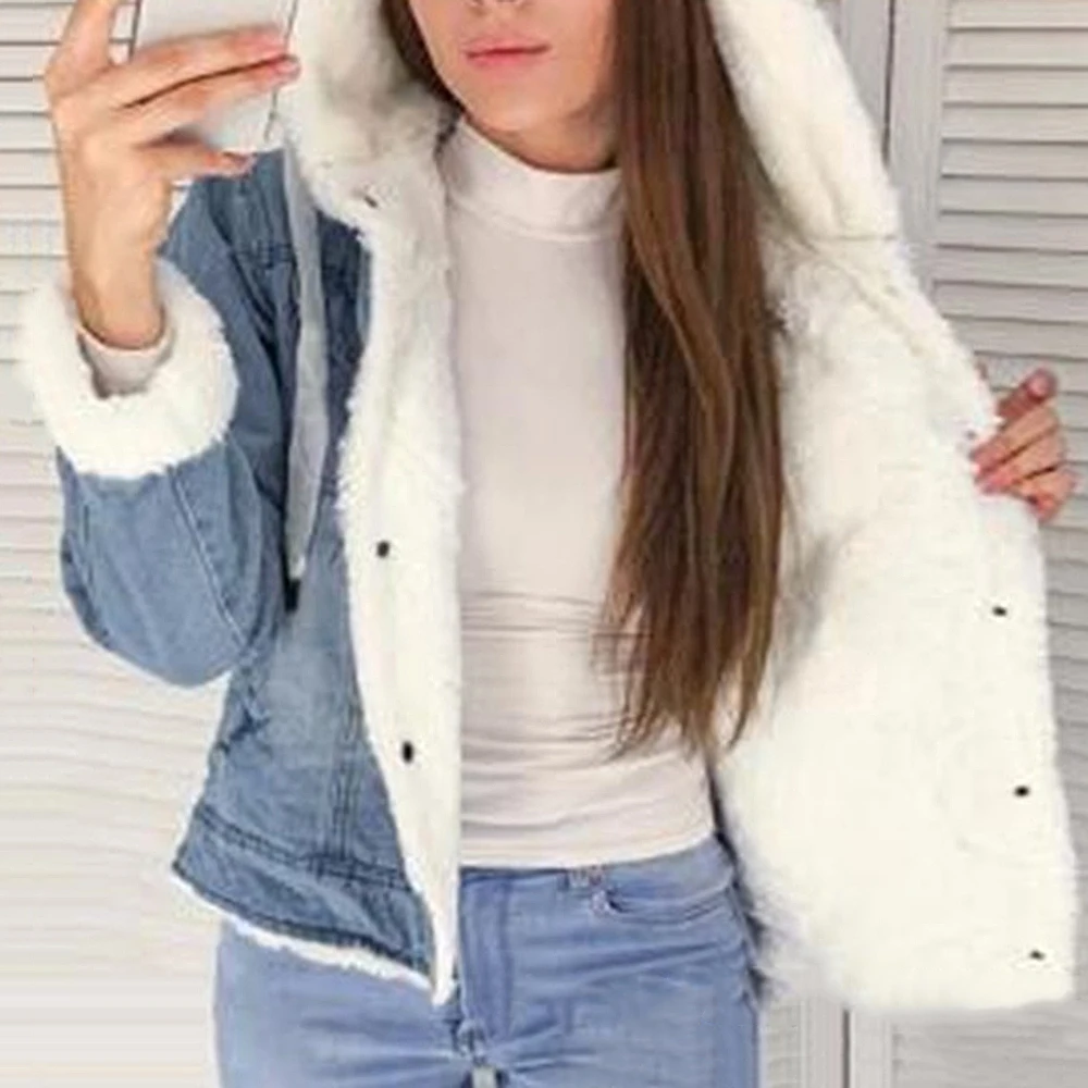 2020 New Women Denim Jacket with Fur Winter Jeans Warm Hooded Velvet Femme Collar Padded Coats Windbreake | Женская одежда