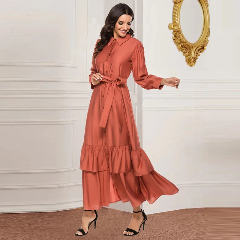 Мусульманское платье Дубай Турция элегантное модное с отворотом и поясом