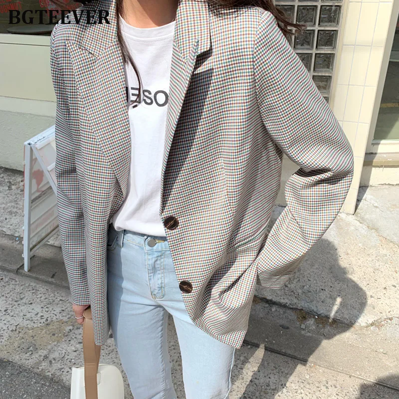 Для женщин Винтаж клетчатый Блейзер женский с длинным рукавом костюм пиджак на