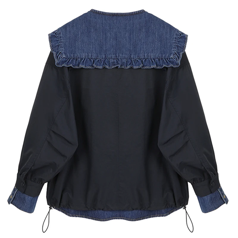 

[EAM] Loose Fit Black Denim Ruffles Big Size Jacket New Lapel Long Sleeve Women Coat Fashion Tide Spring Autumn 2021 1DC7300