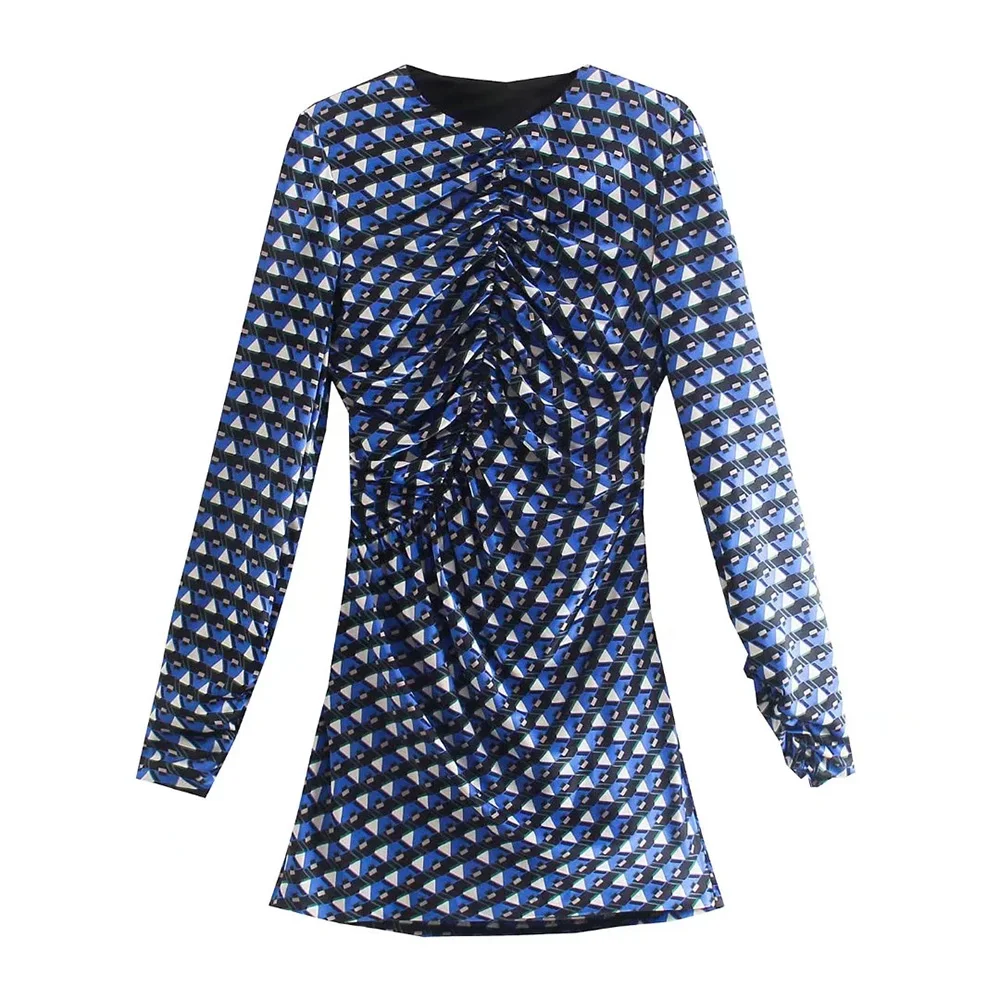 

2021 European and American women's autumn new trend Slim style geometric pattern printed dress with pleated hollow design