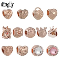 dinglly new rose gold heart beaded lucky cat charm fit diy bracelets original round crystal beads bangles jewelry accessories