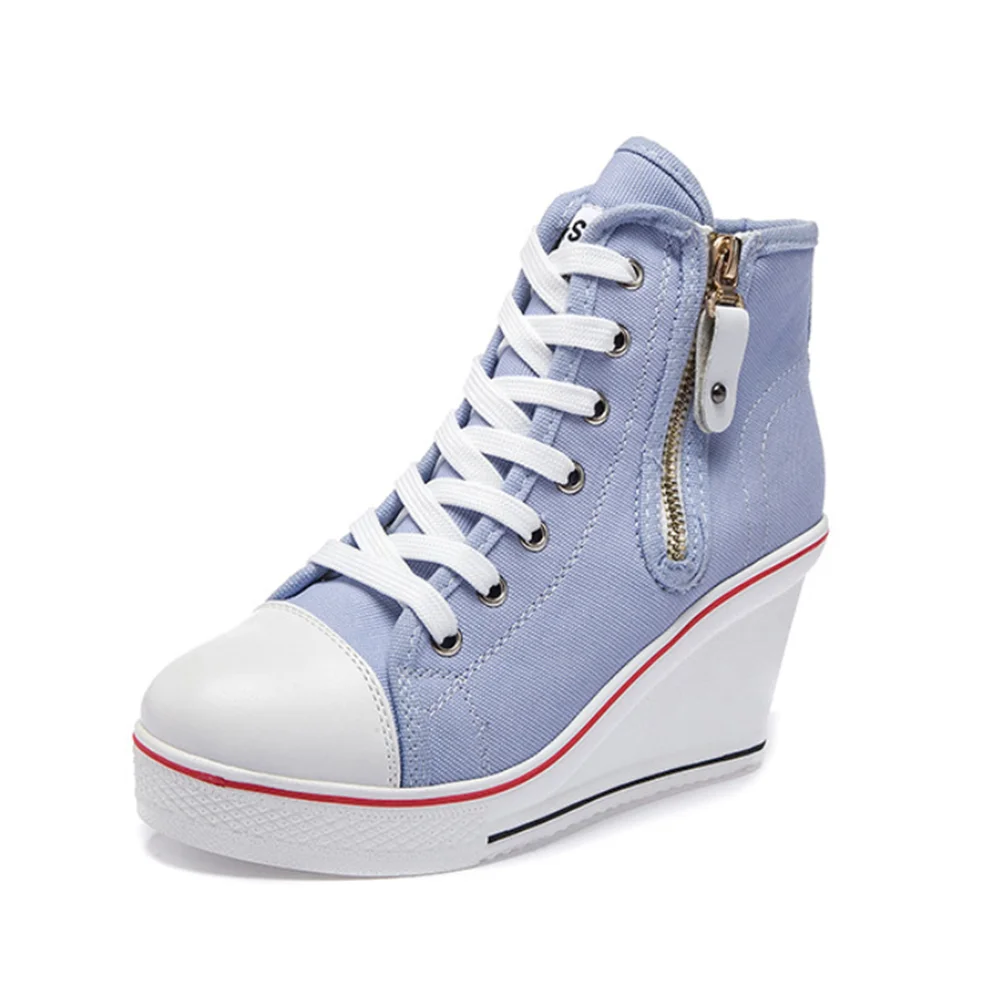 

2022 New Large Size Canvas Shoes Women's Slope Heel Side Zipper 8 cm Heightened Casual Shoes High-top Canvas Shoes Women's Shoes