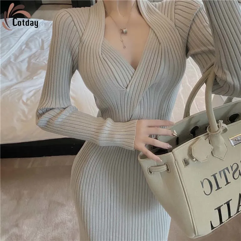 

Cotday Irregular Knitting Side Split Female V-Neck Sexy Winter Age Reduction Sweater Fashion Korean Women Clothing Ladies Dress