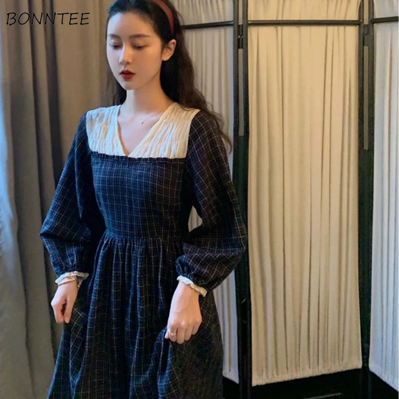 

Женское платье с длинным рукавом в стиле пэчворк, плиссированное платье с v-образным вырезом в стиле ретро, женское Макси-платье в Корейском ...