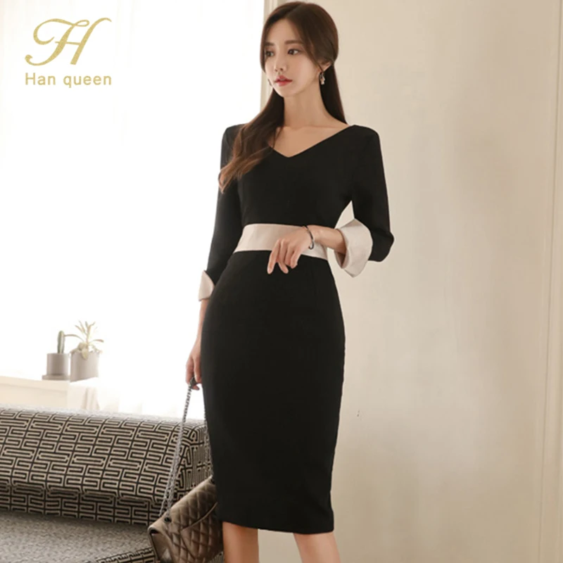 

H Han Queen Hot sale Women Black Bodycon Pencil Lady Dress Korean Version Simple V-Neck High Waist Tight Elegant Party Dresses