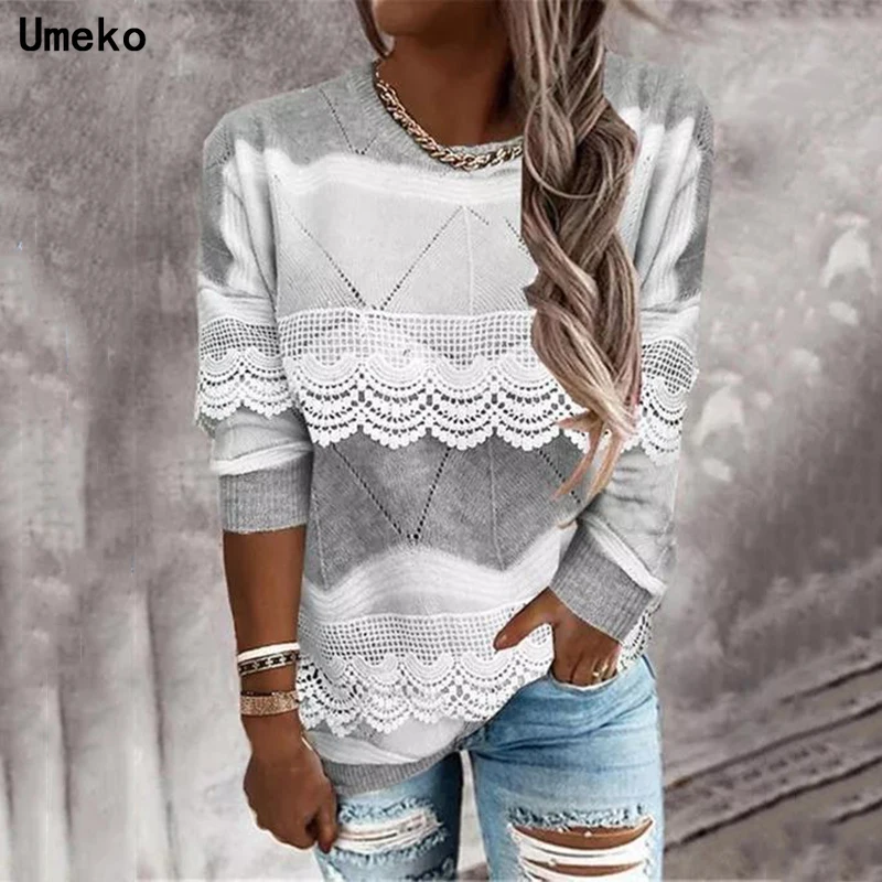 

Umeko Casual Lace Patchwork Loose Sweaters Women Autumn Winter Clothes Y2K Gray Vintage Long Sleeve Knit Pullover Top Knitwear