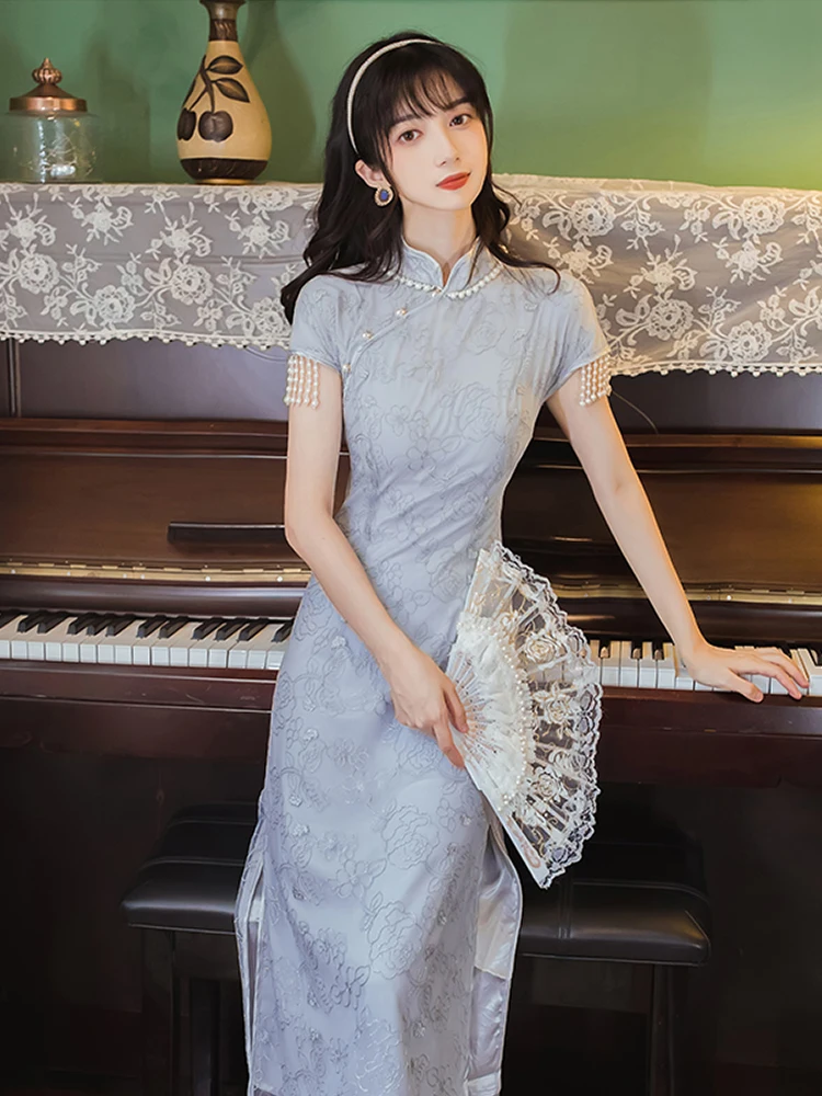 

Summer New Chinese Style Women's Dress Retro Temperament Noble Cheongsam Dress Palace Socialite Slim Slim Long Dress