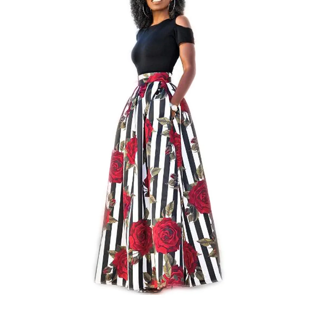 

Pop Summer Women Sexy 2 Pieces Set Solid Color Off Shoulder Tops Floral Printed Skirts Casual Outfits Pop 88