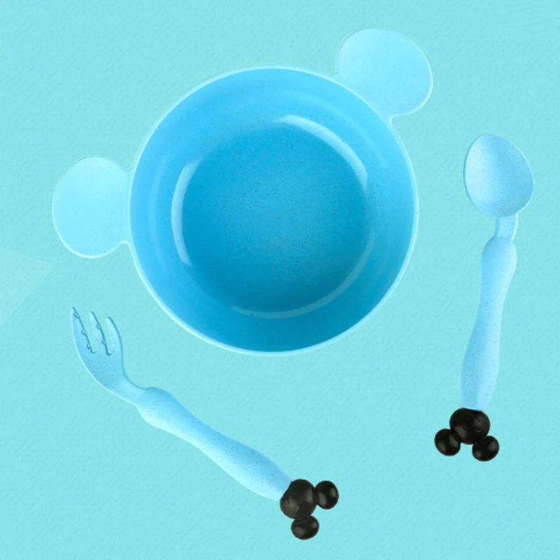 Blue Set 3 шт./компл., детская посуда для еды с героями мультфильмов, детская тарелка, посуда для кормления детей ясельного возраста, Детская тренировочная чаша, ложка, вилка - Цвет: Blue Set
