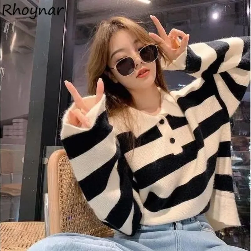 

Pullovers Women College Striped Long Sleeve Knitting Loose New Arrival Ulzzang Turn Down Collar All Match Autumn Sweaters Femme