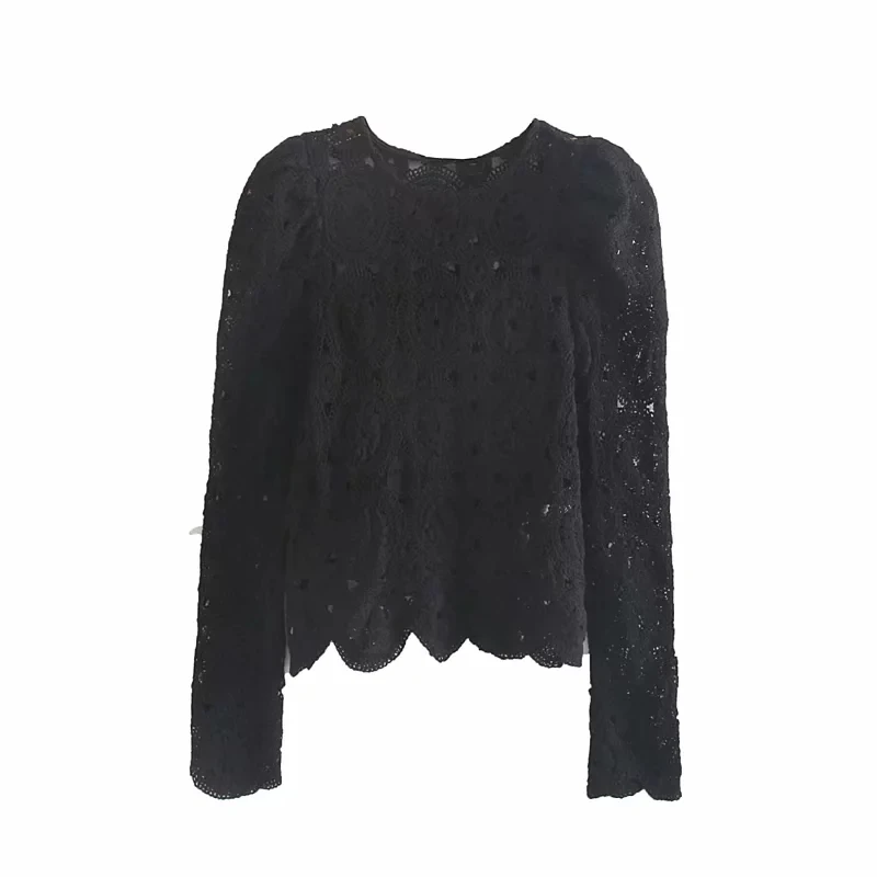 black Новые винтажные женские черные кружевные рубашки Модные женские Цветочные открытые блузки женские трикотажные тонкие топы для девочек - Цвет: black