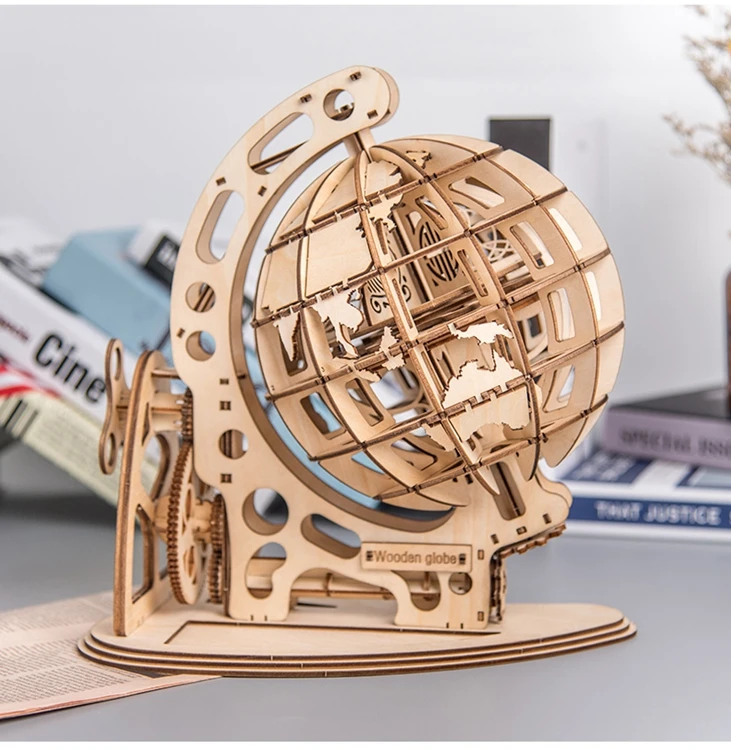 Деревянный глобус головоломка 3D DIY механическая модель привода Трансмиссия Шестерня вращать головоломки для сборки домашнего офиса украшения игрушки взрослые
