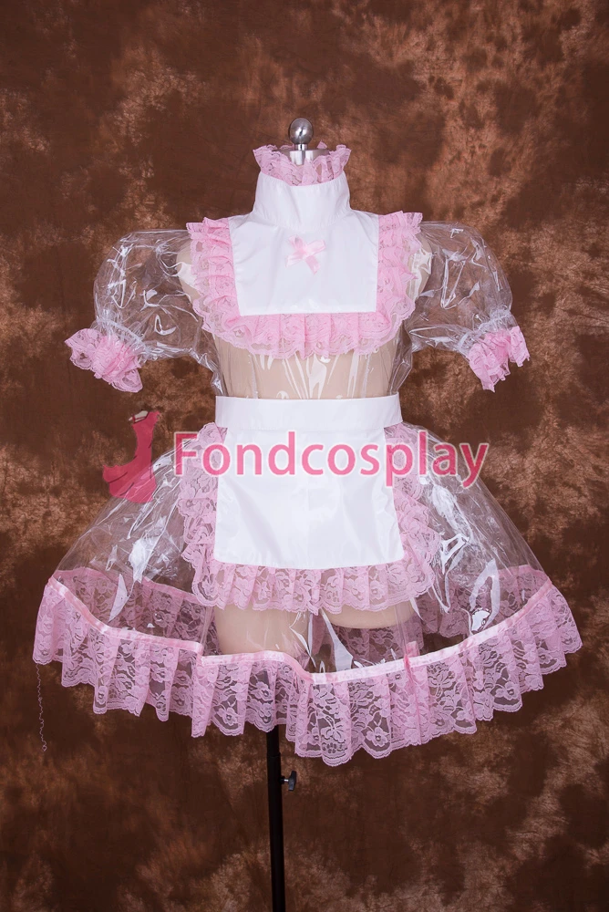 

fondcosplay adult sexy cross dressing sissy maid short Lockable Clear PVC Dress white apron Costume Uniform[T002]