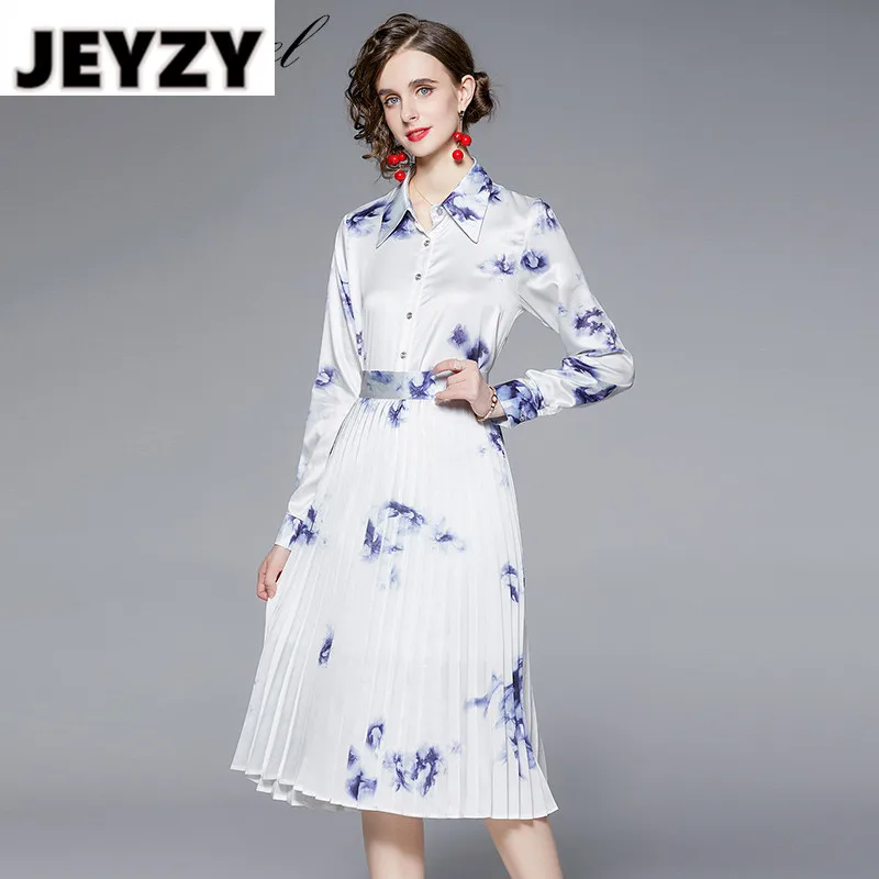 

Женский атласный костюм из двух предметов, элегантный синий и белый комплект из рубашки с цветочным принтом и плиссированной юбки макси, ос...