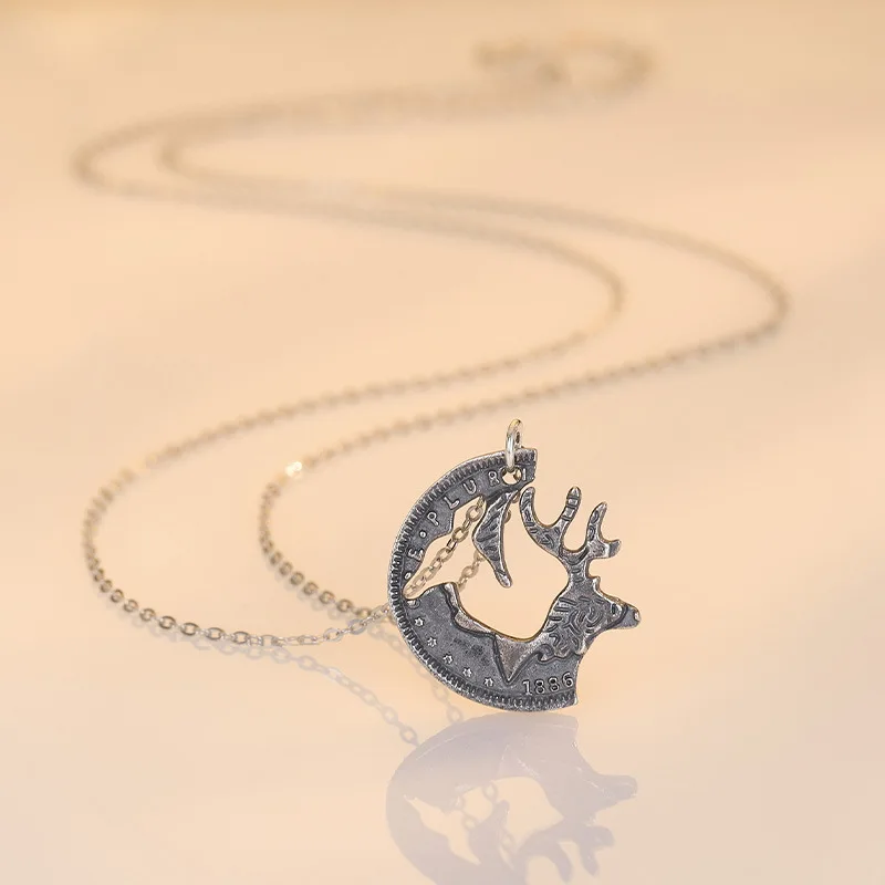 

Banru Vintage Couple Necklace 100% s925 Sterling Silver Pair of Men and Women Stitching Elk Coin Pendant Fine Jewelry Love Gift
