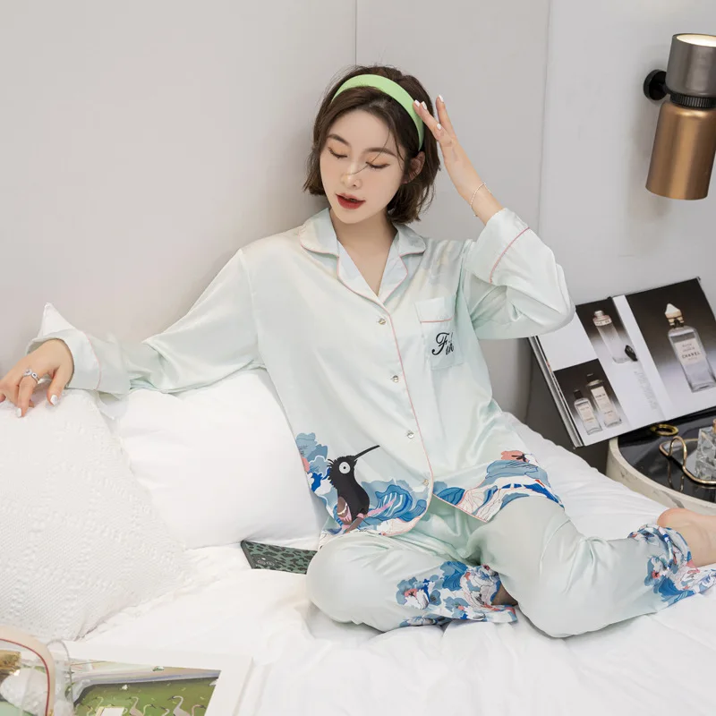 Pajamas Set Women's Spring Summer New Korean Version Thin Nightwear Lapel Cardigan Nightgown Two Piece Suit Homewear Sleepwear