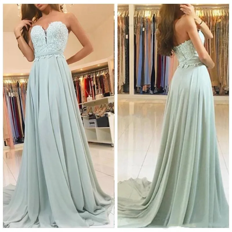 

Mint Green Chiffon Lace Appliques Prom Dresses 2018 Long Sweetheart A Line Formal Dress Evening Party Gowns vestidos de gala