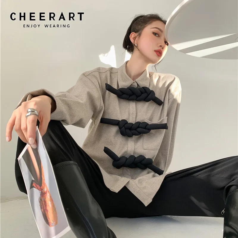 CHEERART Grey Designer Long Sleeve Shirt Women Blouse Kink Frog Vintage Top Button Up Collar Shirt 2021 Fashion Clothing
