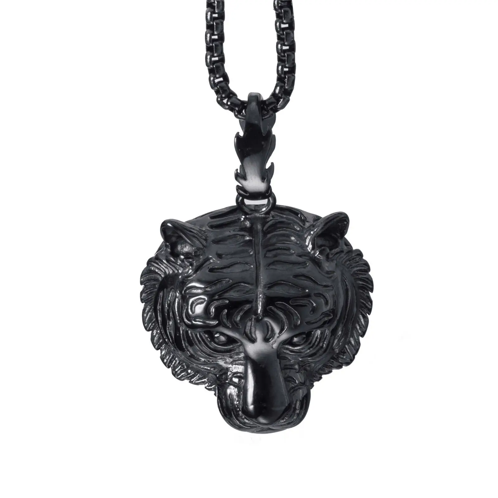 

Tiger head Animal Silver Black Men Stainless Steel Pendant Necklace Chain Set