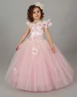 Женское рождественское платье с открытыми плечами, розовое цветочное кружевное бальное платье ручной работы с бусинами и цветами для маленькой девочки
