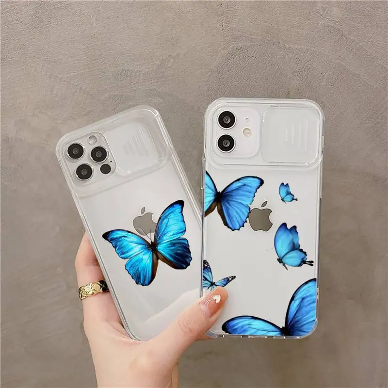 

Blue Butterfly Phone Case for iPhone 11 12 pro mini 7 8 Plus X XS XR Max Shockproof Bumper Clear Back Cover