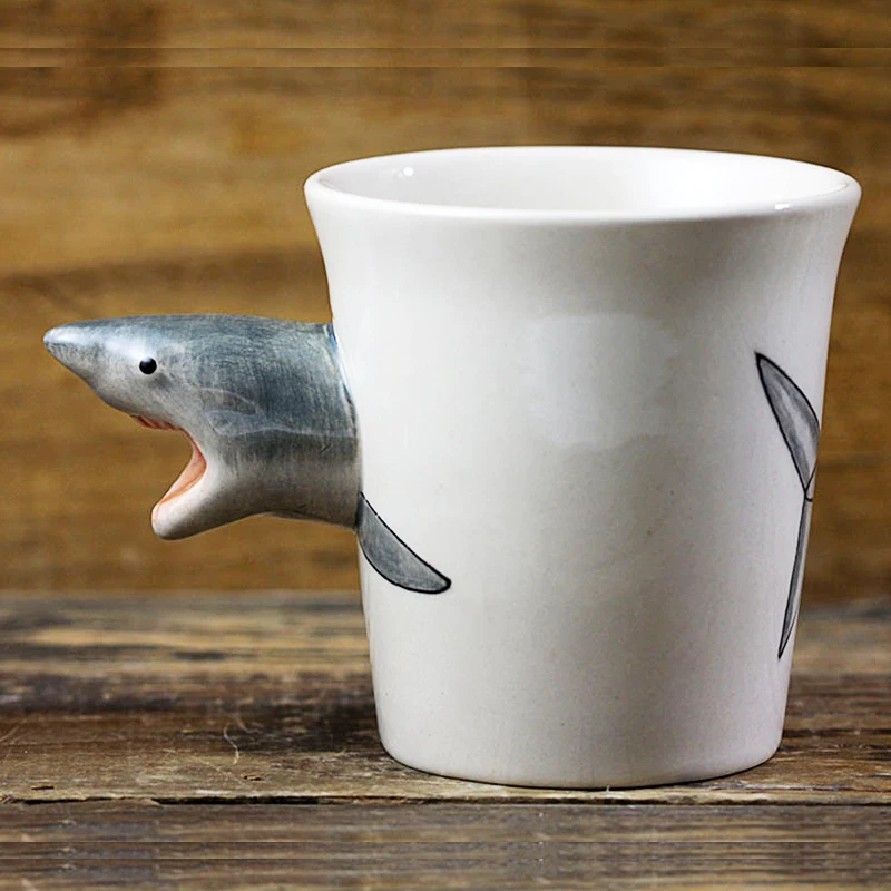 300ml Shark Coffee Cup Creative Animal Ceramic Mug 3D Hand Drawn Cartoon Funny Mugs With handle Boy drinking glass | Дом и сад
