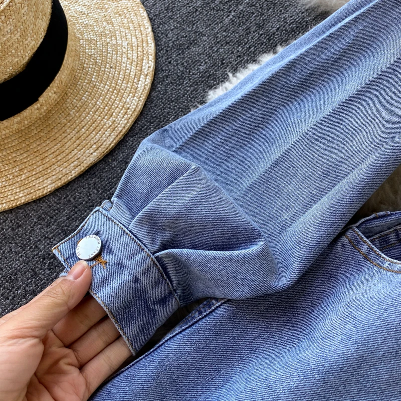 

2021 New Chic Women Denim Dress Vintage Lapel Collor Full Sleeve Single Breasted Sash Lace-up Slim Midi Jeans Dress with Pockets