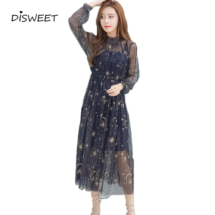 Женское плиссированное платье элегантное Сетчатое с вышивкой в виде звезд