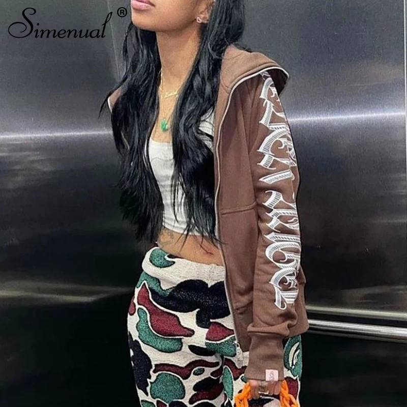 

Simenual Zipper Letter Print Baddie Clothes Women Hooddies Casual Streetwear Athleisure Sporty Tops Cyber Ghetto Sweatshirts New