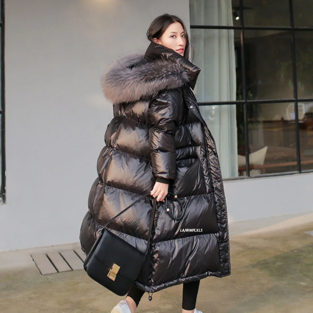 2021 Long Down Jacket Women Winter Black Loose Real Raccoon Fur Hooded Fashion Waterproof Female Duck Down Puffer Coat