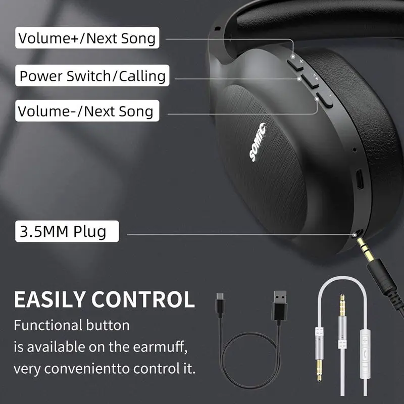 

SOMiC Bluetooth Headphones Wireless CVC8.0 Noise Reduction Hi-Res Certified Sound Headset Comfortable to Wear with HI-FI Stereo