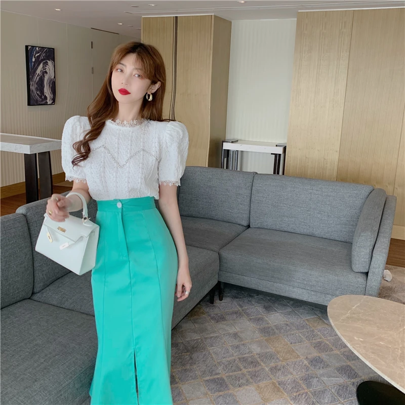 

Korean Style Fashion Bubble Short-Sleeved Lace Shirt French Retro Stand Collar Top Women's High Waist Slimming Sheath Skirt