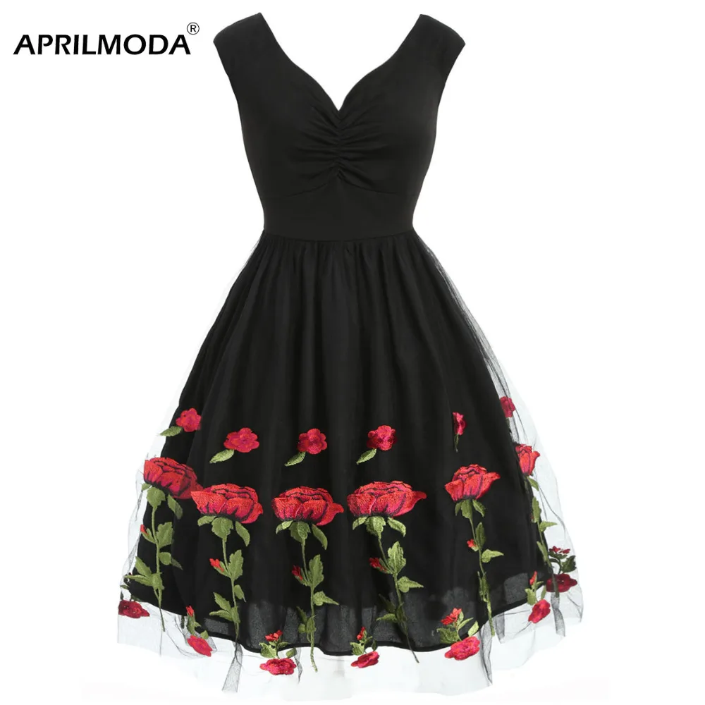 Женское винтажное платье в стиле ретро с вышивкой розы Сетчатое вечернее без