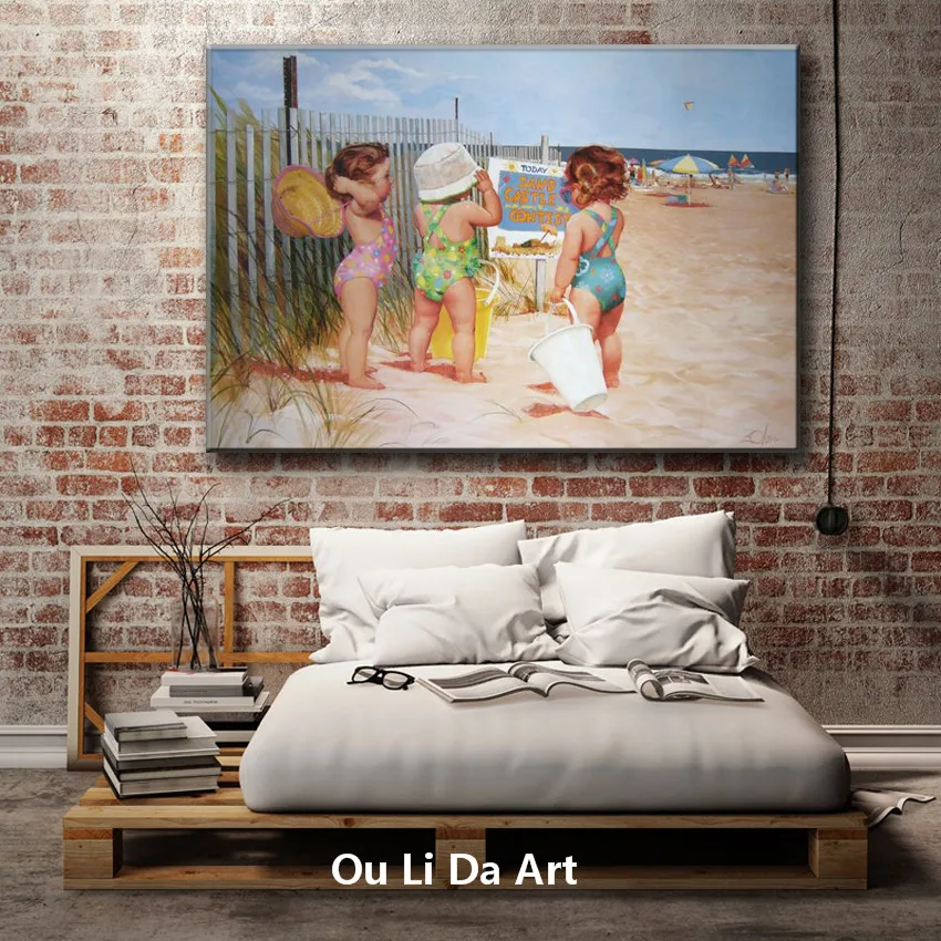 

free shipping beautiful gril canvas prints oil painting beach child painting on canvas decoration picture