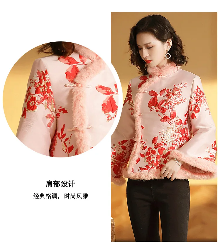 new year chinese-style dress Tang Costume collar cotton-padded jacket retro printing long-sleeved Short coat winter jackets