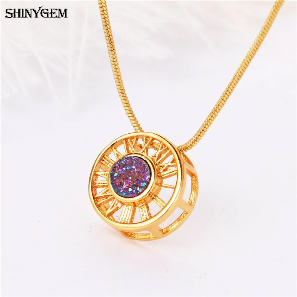 ShinyGem модное Золотое колесо кулон ожерелье полое большое Натуральный Druzy Кристалл