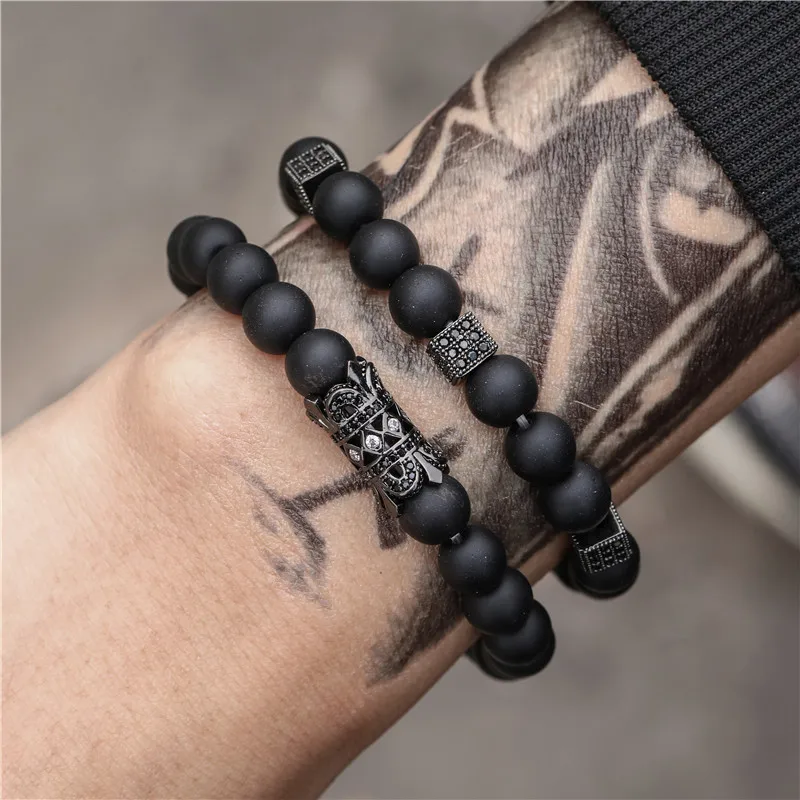 

Lot Micro Pave Black Zirconia Gold King Crown & Bar Charm Bracelet Sets Men Stone Bead Bracelet Valentine Women Jewelry