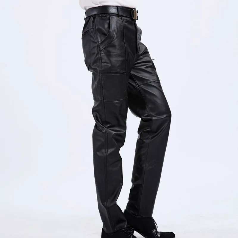 Мужские повседневные брюки классические свободные из натуральной кожи в