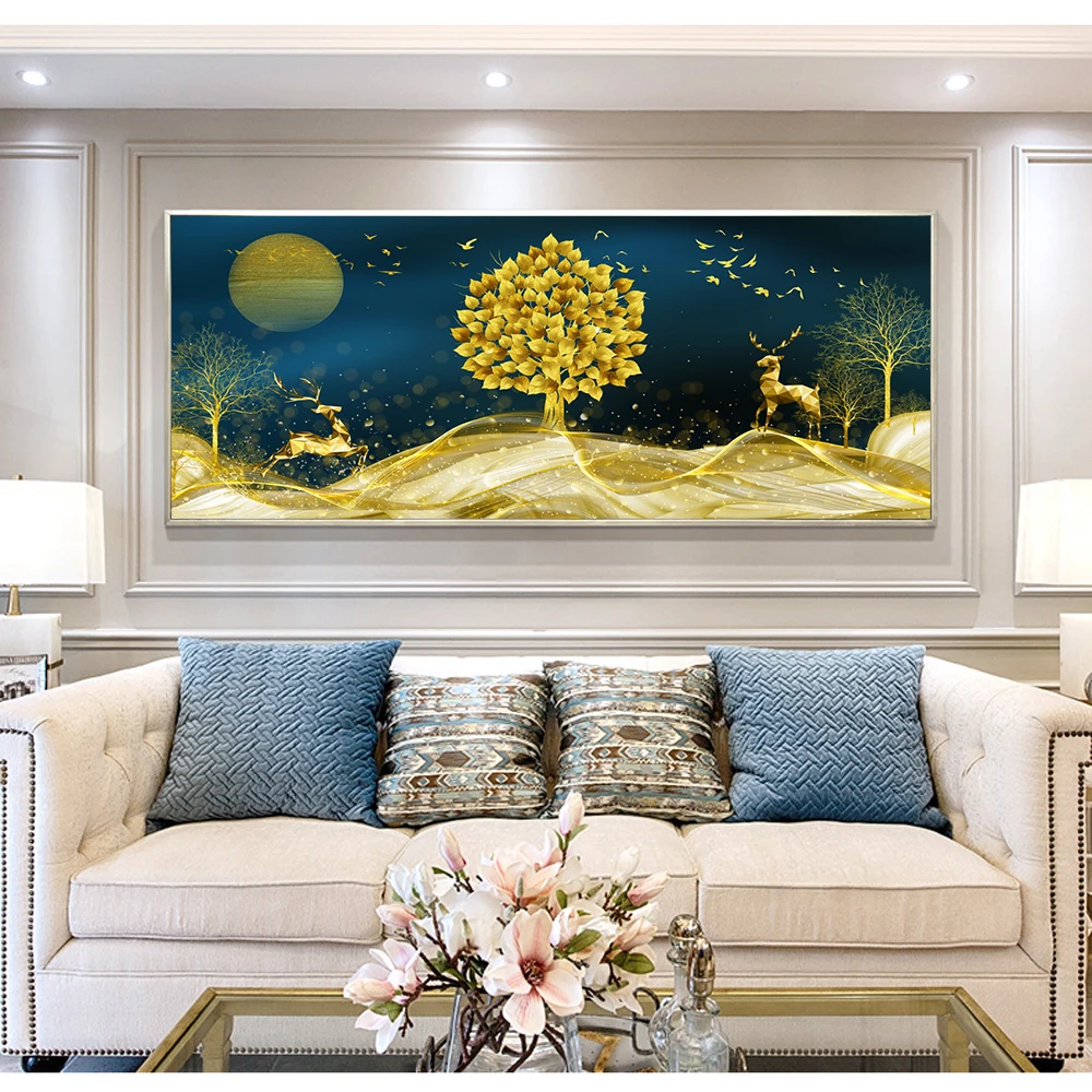 

Nordic Abstract Golden Deer Beach Sunset Landscape Posters and Prints Canvas Paintings Wall Art Pictures for Living Room Decor