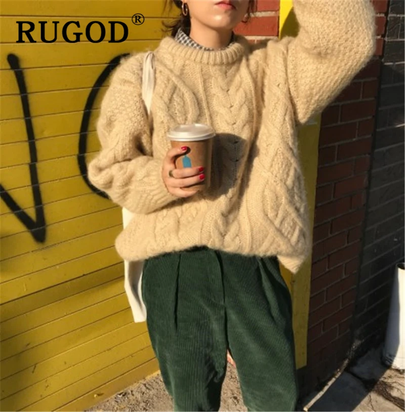 RUGOD винтажный однотонный вязаный женский свитер корейский шик скрученный мягкий